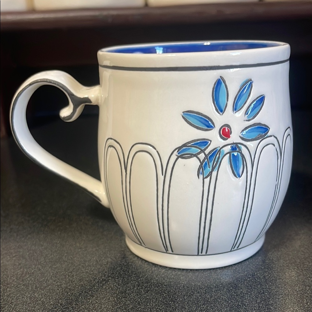 Molly Hatch Anthropology Floral Ceramic Mug with Blue Polka Dot Interior